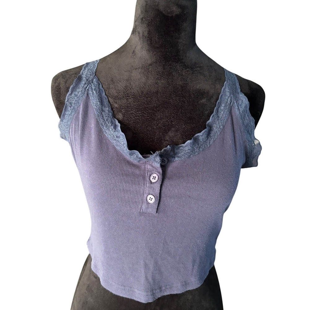 Dazy Navy Blue Ribbed Knit Cropped Henley Camisole Lace Trim Sleeveless Tank Top
